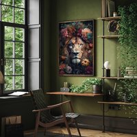 Löwe Portrait Mit Blumen Poster Premium Ap3011/Animal Art Wandbild Wandbilder von PapergramArt