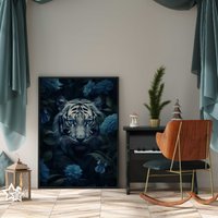 Tiger Portrait Mit Blauen Blumen Poster Premium Ap3072/Animal Art Wandbild Wandbilder von PapergramArt