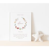 Taufposter Blumen, Poster Taufe, Taufgeschenk Patenkind, Personalisiert, Taufe Deko Mädchen, Wildflower von PaperloversKids