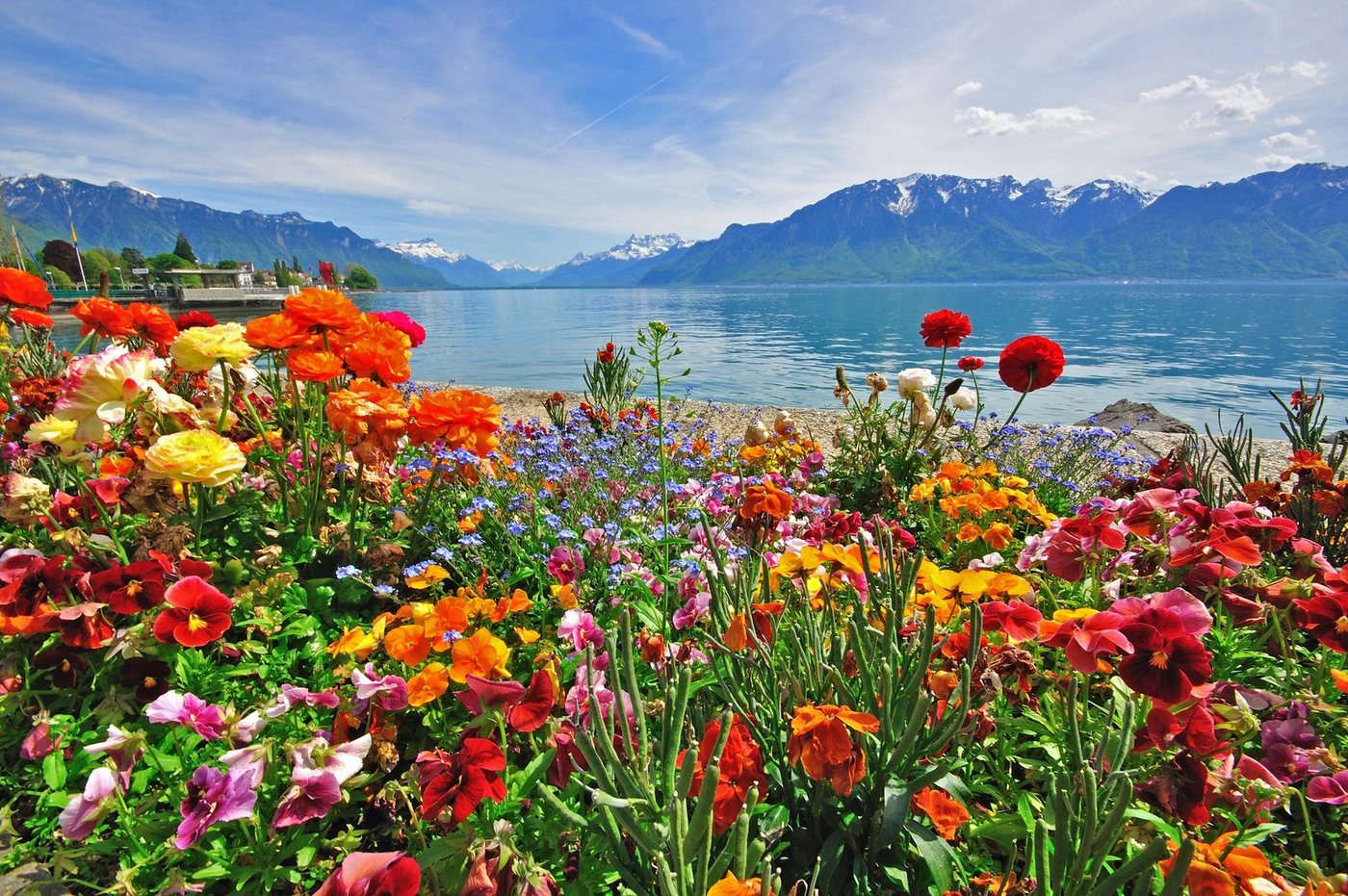 Papermoon Fototapete BLUMEN-DESIGN NATUR LANDSCHAFT GEBIRGE BERGE ALPEN SEE von Papermoon