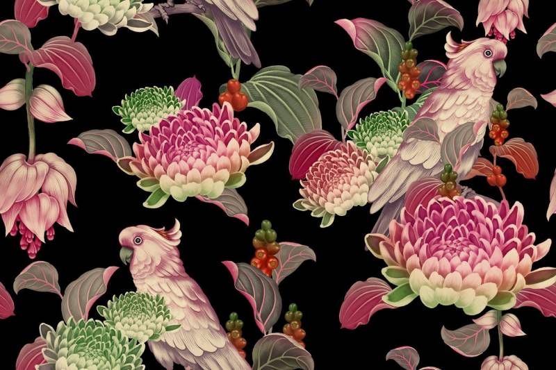 Papermoon Fototapete BLUMEN PAPAGEI ARRANGEMENT von Papermoon