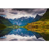 Papermoon Fototapete "FJORD NORWEGEN-SEE GEBIRGE BERGE ALPEN SONNE DORF MEER" von Papermoon