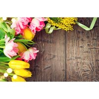 Papermoon Fototapete "HOLZ-WAND-BLUMEN DEKOR TULPEN MIMOSEN ABSTRAKT FANTASIE" von Papermoon