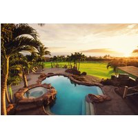 Papermoon Fototapete "LUXUS-HAUS-POOL PALMEN WIESE STRAND MEER SONNE INSEL" von Papermoon