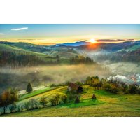 Papermoon Fototapete "PANORAMA-LANDSCHAFT DORF WIESE NEBEL GEBIRGE SONNE WALD" von Papermoon
