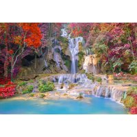 Papermoon Fototapete "WASSERFALL-BÄUME FLUSS SEE STEINE BLUMEN BERGE HERBST" von Papermoon