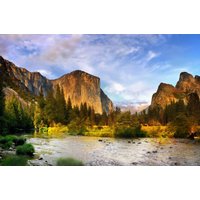 Papermoon Fototapete "YOSEMITE TAL-GEBIRGE BLUME BERGE SONNE WALD FLUSS FELSE" von Papermoon