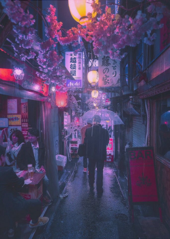 Papermoon Poster Tokyo Blue Rain, Premium-Leinwanddruck mit UV-beständigen Tinten für intensive Farben von Papermoon