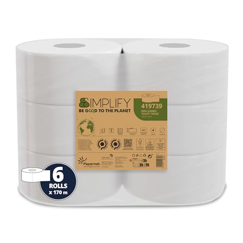 Papernet Simplify Toilettenpapier Carbon Neutral Mini Jumbo 419739, 1 Packung mit 6 Rollen aus reinem Zellstoff, je 170 m, 2-lagig, 8,6 x 30,5 cm Papernet Simplify Toilettenpapier Carbon Neutral Mini Jumbo 419739, 1 Packung mit 6 Rollen aus reinem Zellstoff, je 170 m, 2-lagig, 8,6 x 30,5 cm von Papernet