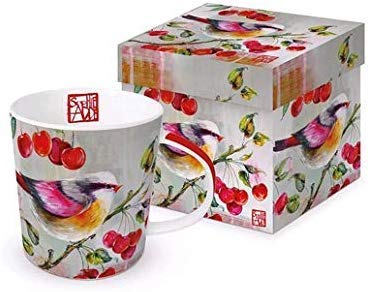 E+N Kaffee-Becher Kaffee-Tasse Vogel auf Kirschzweig in schöner Geschenkebox, 0,35 L Inhalt, feines Magnesiumporzellan von Paperproducts Design