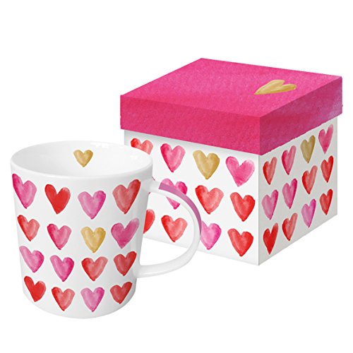 PPD Aquarell Hearts Real Gold Porzellantasse, Kaffeetasse, Kaffee Becher, New Bone China, Weiß / Pink / Echtgold, 350 ml, 603271 von Paperproducts Design