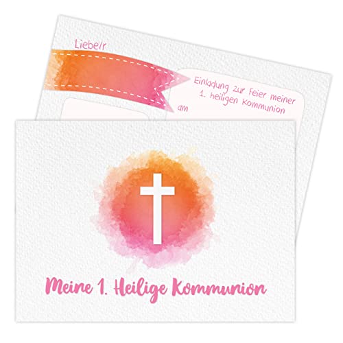 Papierdrachen 12 Einladungskarten zur Kommunion - Motiv Kreuz rosa - Einladung zur Heiligen Kommunion für Mädchen und Jungen - DIN A6 - Set 6 von Papierdrachen