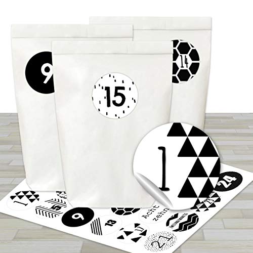 Adventskalender Set - 24 weiße Papiertüten und 24 schwarz-weiße Zahlenaufkleber - zum basteln und zum selbstbefüllen von Papierdrachen