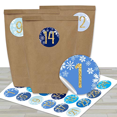 DIY Adventskalender zum Befüllen - mit 24 braunen Papiertüten und 24 blauen Aufklebern - zum Selbermachen und Basteln - Mini Set Nr 26 - Weihnachten 2020 für Kinder von Papierdrachen