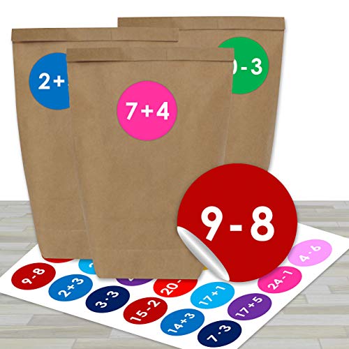 DIY Adventskalender zum Befüllen - mit 24 braunen Papiertüten und 24 bunten Aufklebern - zum Selbermachen und Basteln - Mini Set Nr 8 - Weihnachtskalender für Kinder von Papierdrachen