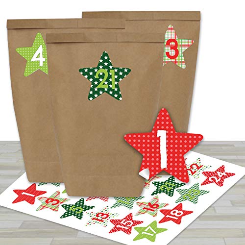Papierdrachen Adventskalender zum Befüllen - mit 24 braunen Papiertüten und 24 rot-grünen Aufklebern - zum Selbermachen und Basteln - Mini Set Nr 37 - Weihnachtskalender für Kinder von Papierdrachen