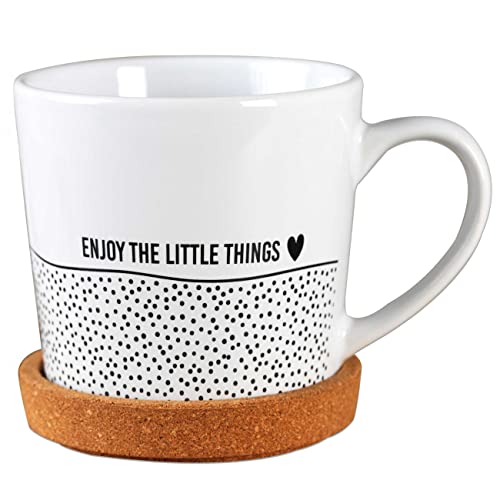 Papierdrachen Hochwertige Tasse aus Keramik mit passendem Kork Untersetzer - Tischdeko - Kaffeetisch - Kaffeetasse - Enjoy the little things - für Kaffee, Tee und mehr von Papierdrachen