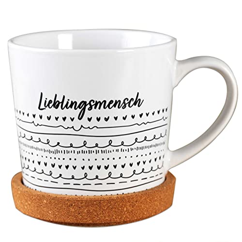 Papierdrachen Hochwertige Tasse aus Keramik mit passendem Kork Untersetzer - Tischdeko - Kaffeetisch - Kaffeetasse - Lieblingsmensch - für Kaffee, Tee und mehr von Papierdrachen