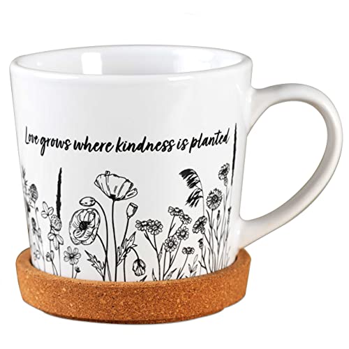 Papierdrachen Hochwertige Tasse aus Keramik mit passendem Kork Untersetzer - Tischdeko - Kaffeetisch - Kaffeetasse - Love grows where kindness is planted - für Kaffee, Tee und mehr von Papierdrachen