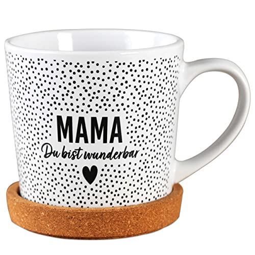 Papierdrachen Geburtstagsgeschenk für Mama - Tasse aus Keramik mit passendem Kork Untersetzer - Tischdeko - Kaffeetisch - Kaffeetasse - Mama du bist wunderbar - zum Muttertag von Papierdrachen