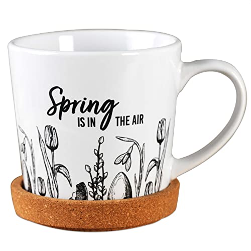 Papierdrachen Hochwertige Tasse aus Keramik mit passendem Kork Untersetzer - Tischdeko - Kaffeetisch - Kaffeetasse - Spring is in the air - zu Ostern von Papierdrachen