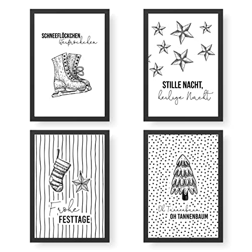 Papierdrachen Kunstdrucke Weihnachten 4 Premium Poster DIN A4 | Bilder als Weihnachtsdekoration - Schwarz-Weiss - hochwertig | ungerahmt | Wandbild - Set 1 von Papierdrachen