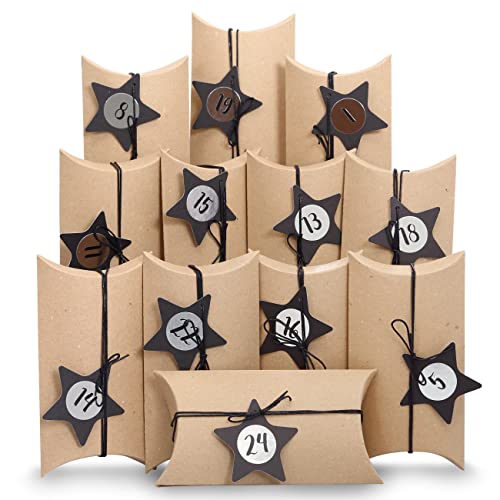Papierdrachen 24 Adventskalender Pillowboxen - mit Deko-Etiketten und Zahlenaufklebern - Vintage - schwarz - 24 Kissenschachteln aus Karton - DIY Adventskalender zum Befüllen und Gestalten von Papierdrachen