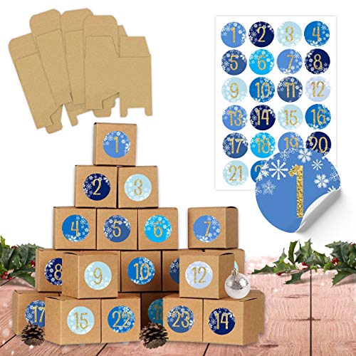 Papierdrachen 24 Adventskalender Schachteln zum Befüllen - 24 Kisten für Kinder - Blau - naturbraune Schachteln aus 400g/m²-Karton zum Dekorieren - 24 wiederverwendbare Boxen - Weihnachten von Papierdrachen