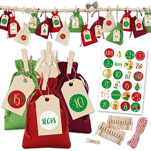 Papierdrachen 24 Adventskalender Stoffsäckchen zum Befüllen - klassischer Weihnachtskalender - Stoffbeutel zum selber Dekorieren und Basteln - Geschenksäckchen - Baumwolle - Rot-Grün - Nummer 20 von Papierdrachen