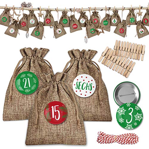 Papierdrachen 24 Adventskalender Stoffsäckchen zum Befüllen - klassischer Weihnachtskalender - Stoffbeutel zum selber Dekorieren und Basteln - Geschenksäckchen - Jute - Rot-Grün - Nummer 21 von Papierdrachen
