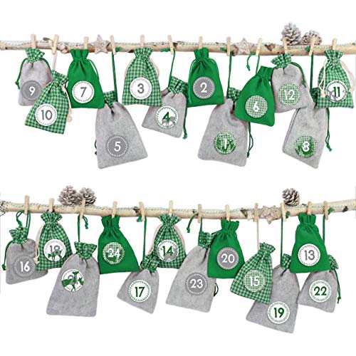 Papierdrachen 24 Adventskalender Stoffsäckchen zum Befüllen – mit Bäckergarn und Klammern – Stoffbeutel zum selber Dekorieren – Geschenksäckchen - Landhausstil grün Nr 14 von Papierdrachen