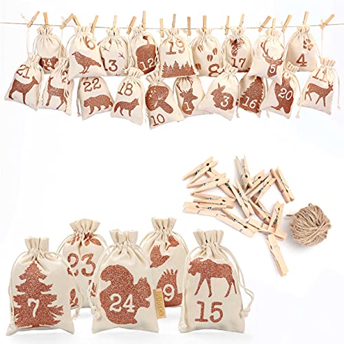 Papierdrachen 24 Adventskalender Stoffsäckchen zum Befüllen - mit Glitzerdruck - Stoffbeutel zum selber Dekorieren - Geschenksäckchen - Waldtier Glitzer Set Nr 25 von Papierdrachen