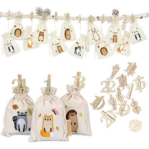 Papierdrachen 24 Adventskalender Stoffsäckchen zum Befüllen - mit goldenen Holzzahlen - Stoffbeutel zum selber Dekorieren - Geschenksäckchen - Waldtiere bestickt Set Nr 27 Papierdrachen 24 Adventskalender Stoffsäckchen zum Befüllen - mit goldenen Holzzahlen - Stoffbeutel zum selber Dekorieren - Geschenksäckchen - Waldtiere bestickt Set Nr 27 von Papierdrachen