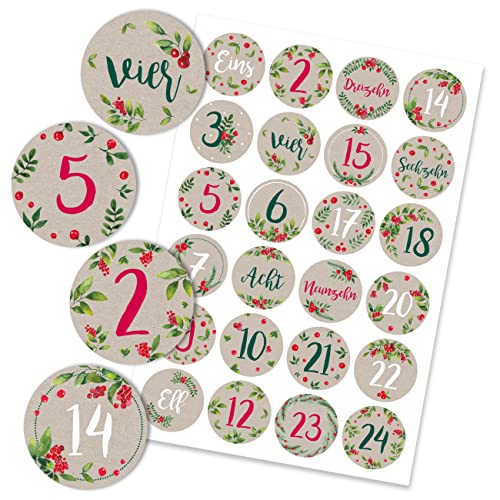 Papierdrachen 24 Adventskalender Weihnachtssticker - Leaves and Berries Nr 67 - Aufkleber 4cm - zum Basteln und Dekorieren deines ganz persönlichen Adventskalenders von Papierdrachen