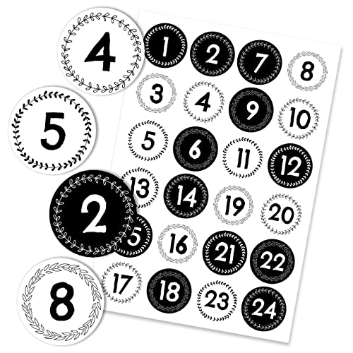 Papierdrachen 24 Adventskalender Weihnachtssticker - Schwarz-weiß Nr 41 - Aufkleber 4cm - zum Basteln und Dekorieren deines ganz persönlichen Adventskalenders von Papierdrachen