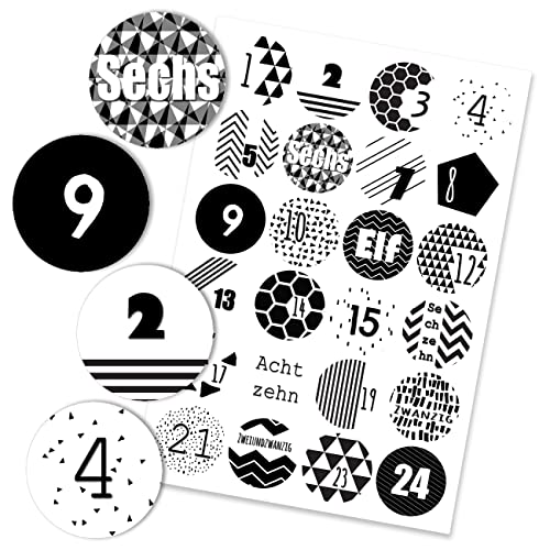 Papierdrachen 24 Adventskalender Zahlen Aufkleber - schwarz weiß geometrisch Nr 04 - Sticker 4 cm - zum Basteln und Dekorieren von Papierdrachen