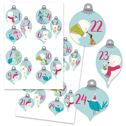 Papierdrachen 24 Adventskalender Zahlenaufkleber - Kugeln mit blauen Bärchen Nr 57 - Aufkleber - zum Basteln und Dekorieren deines ganz persönlichen Adventskalenders von Papierdrachen