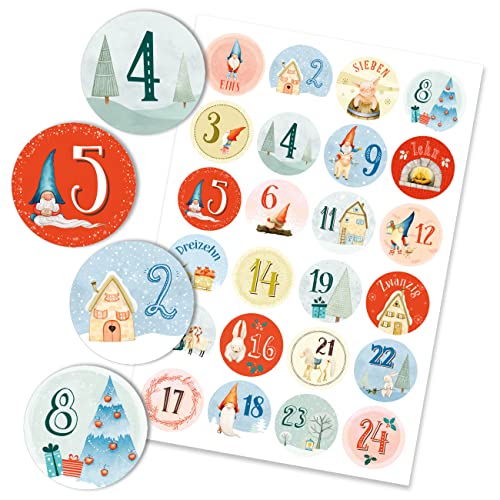 Papierdrachen 24 Adventskalender Zahlenaufkleber - Zwerge Nr 43 - Aufkleber 4cm - zum Basteln und Dekorieren deines ganz persönlichen Adventskalenders von Papierdrachen