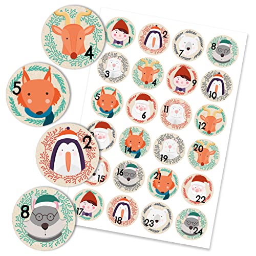 24 Adventskalenderzahlen Aufkleber - Packpapier Weihnachtsmotive Nr 27 - Sticker 4 cm - zum Basteln und Dekorieren - von Papierdrachen von Papierdrachen