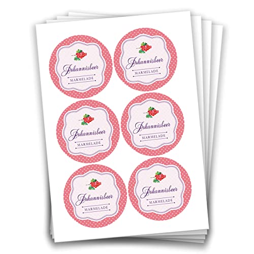 Papierdrachen 24 Marmeladen-Aufkleber | Selbstklebende Etiketten für selbst gemachte Johannisbeer-Marmelade Design 2-4 cm große Sticker für Eingekochtes - Homemade zum Selbst beschriften von Papierdrachen