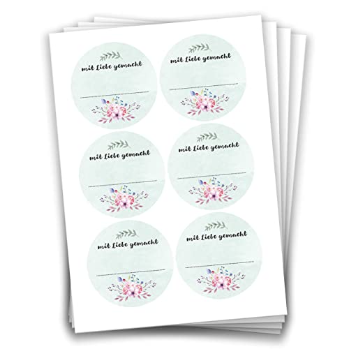 Papierdrachen 24 Selbstklebende Etiketten zum Beschriften - z.B. für selbst gemachte Marmelade - Mit Liebe gemacht - Blumen - 4 cm große Sticker für Eingekochtes - Homemade - Marmeladen-Aufkleber von Papierdrachen