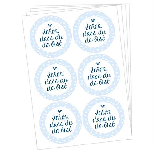 Papierdrachen 24 runde Sticker zu Taufe und Kommunion - Aufkleber zur Dekoration von Gastgeschenken - Schön DASS du da bist (blau) Set 6 von Papierdrachen