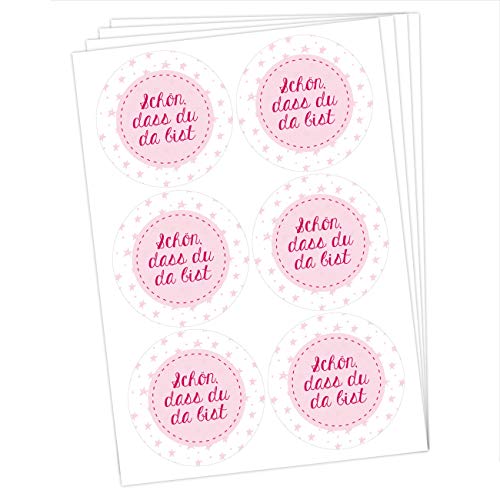 Papierdrachen 24 runde Sticker zu Taufe und Kommunion - Aufkleber zur Dekoration von Gastgeschenken - Schön DASS du da bist (rosa) Set 14 von Papierdrachen