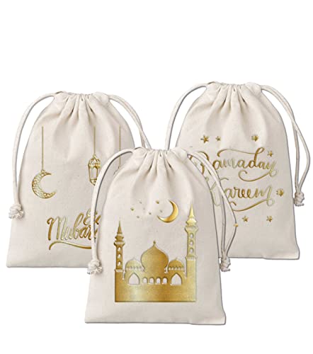 3 Geschenksäckchen zu Ramadan - aus Baumwolle - wunderschön und hochwertig gold bedruckt - ideal zum Verpacken von Geschenken - Größe 20x30 cm mit Zugband Set 2 von Papierdrachen