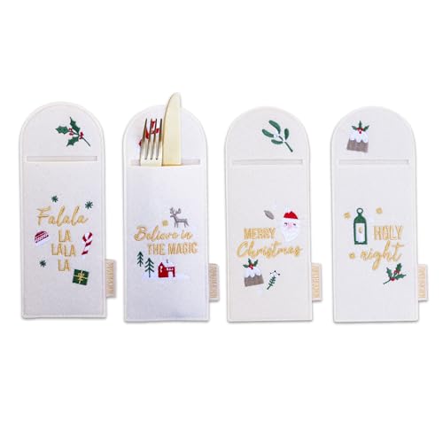 Papierdrachen 4 Bestecktaschen Beige Gold Rot - Deko für den Weihnachtstisch - Filz mit hochwertiger Bestickung - Set 01 von Papierdrachen