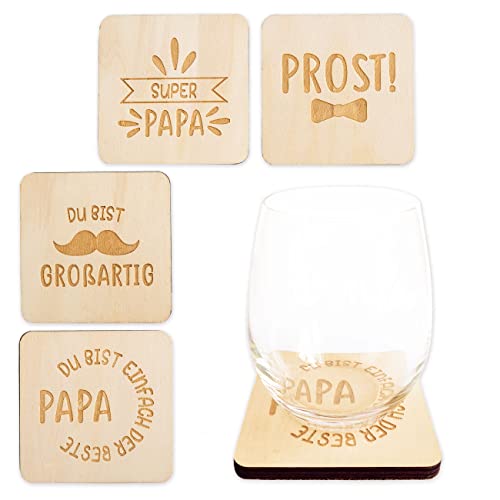 Papierdrachen 4 Glasuntersetzer aus Holz mit Filzrücken und Gravur Papa zum Vatertag - tolle Geschenkidee - in 4 verschiedenen Designs - Vatertagsgeschenk von Papierdrachen