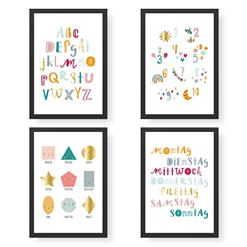 Papierdrachen 4 Kinder Lern-Poster mit ABC Zahlen Formen und Wochentage | Wandbilder für Kinderzimmer - hochwertige Lerntafel für Kinder - Dekoration | Wandbild Set 15 von Papierdrachen