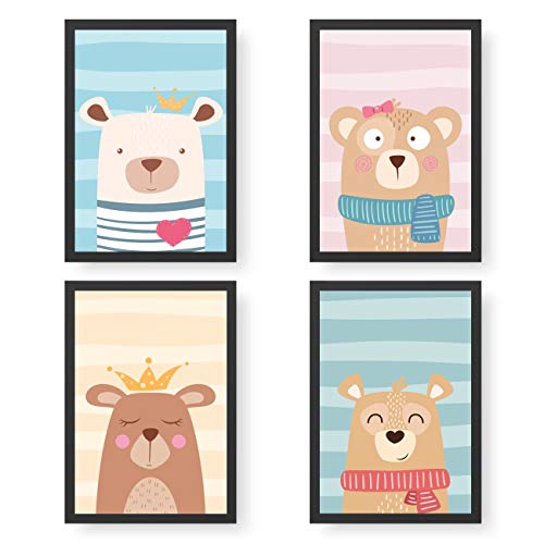Papierdrachen 4 Kinder Premium Poster DIN A4 | Wandbilder für Kinderzimmer - Bären - hochwertige Kunstdrucke | Dekoration | Wandbild Set von Papierdrachen
