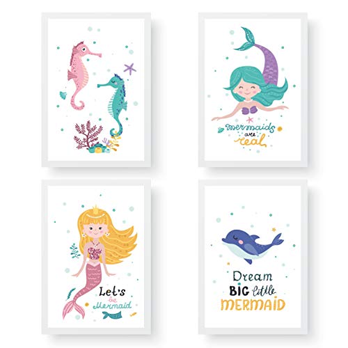 Papierdrachen 4 Kinder Premium Poster DIN A4 | Wandbilder für Kinderzimmer - Meerjungfrau - hochwertige Kunstdrucke | Dekoration | Wandbild Set von Papierdrachen
