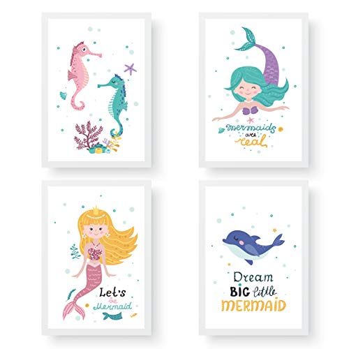 Papierdrachen 4 Kinder Premium Poster DIN A4 | Wandbilder für Kinderzimmer - Meerjungfrau - hochwertige Kunstdrucke | Dekoration | Wandbild Set von Papierdrachen